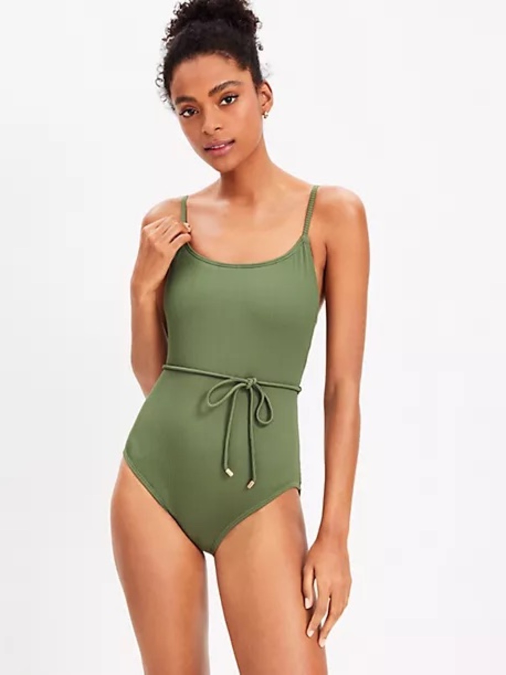 LOFT Olive Green Ribbed One-Piece with Waist Tie